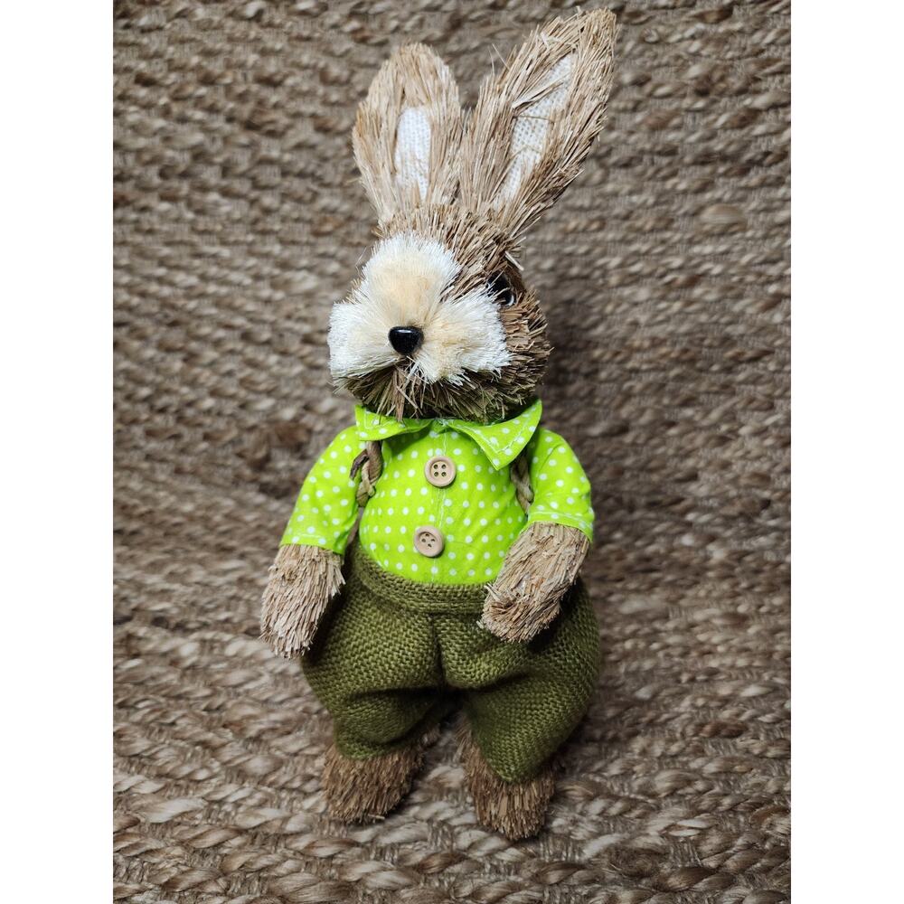 Straw Easter Bunny Rabbit Figurine With Basket Of Carrots Tabletop Shelf Boho